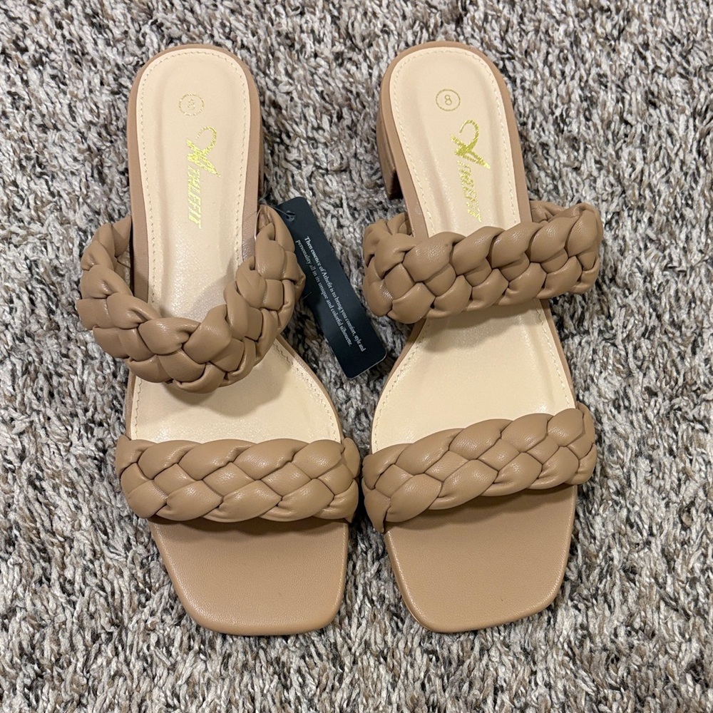 Braided Double-Strap Mule Sandals — Tan